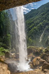 View from behind a waterfall in the Julian Alps, Slovenia