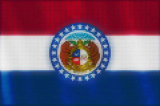 Mosaic heart tiles painting of Missouri flag blown in the wind, love state patriotic concept.