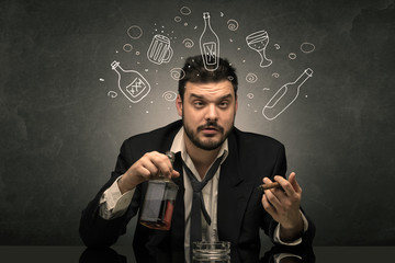 Drunk down and out man with doodle alcohol bottles concept
