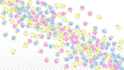 Obraz premium Vector Realistic Colorful Petals Falling on Transparent Background. Spring Romantic Flowers Illustration. Flying Petals. Sakura Spa Design. Blossom Confetti. Design Elements for Wedding Decoration.
