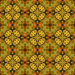 Seamless octagonal bright pattern from geometrical abstract ornaments multicolored in yellow, olive, orange and brown shades. Vector illustration. Suitable for fabric, wallpaper or wrapping paper