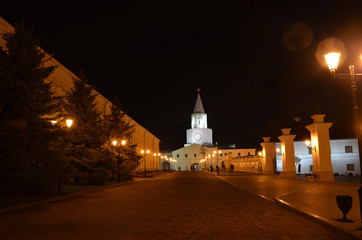 Fototapeta premium Night view of the white tower of the Kazan Kremlin from the internal territory. Night illumination. Republic of Tatarstan, Russia.