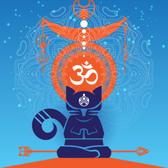 Abstract meditating cat in a yoga lotos pose wit a big mandala and Omm symbol on the background. Buddhism style vector illustration.