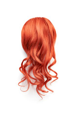Natural wavy red hair on white background. Woman's head back view