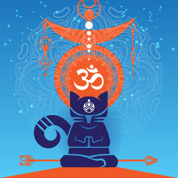 Abstract meditating cat in a yoga lotos pose wit a big mandala and Omm symbol on the background. Buddhism style vector illustration.