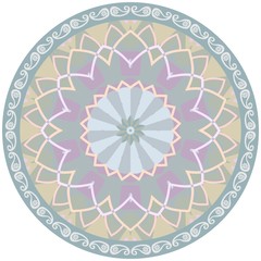 Decorative green plate with abstract flower mandala and paisley border.