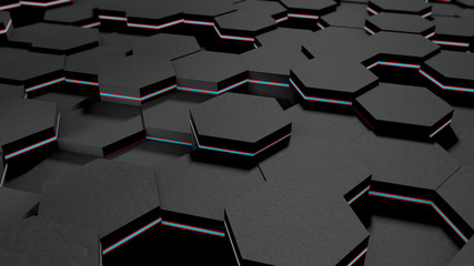 3D illustration of a background of many black hexagons and blue ball, sphere. The idea of business, wealth and prosperity, a complex banking and economic system. 3D rendering, abstraction.