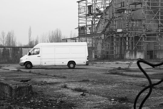 Suspicious White Van Moving In Abandoned Factory.