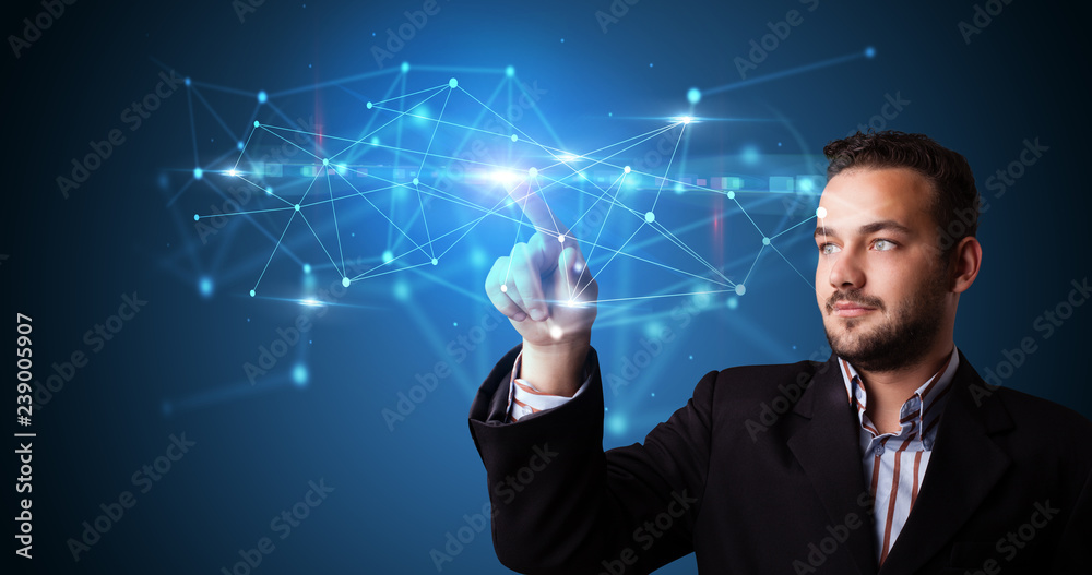 Aufkleber Man touching hologram screen displaying modern web system
