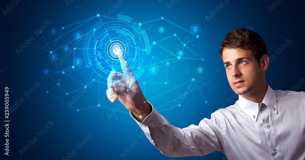 Aufkleber Man touching hologram screen displaying keys and locks