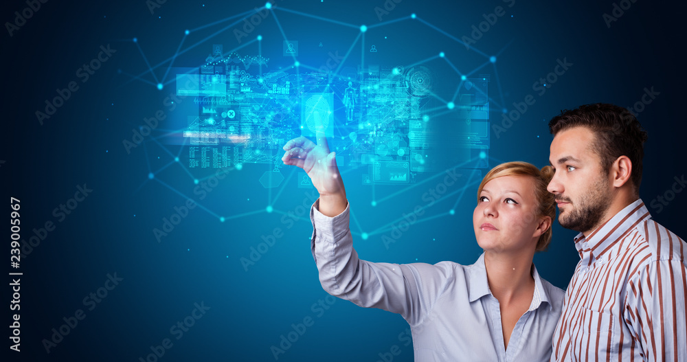 Poster Man and woman accessing modern hologram personal database with fingerprint identification