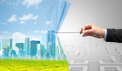 Hand pulling paper curtain, changing scene concept