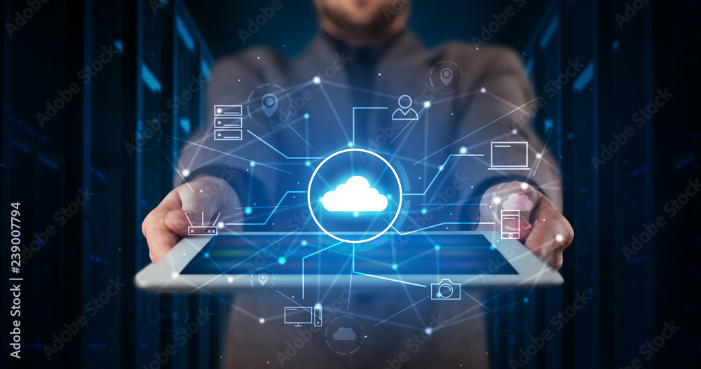 Poster formal hand in server room with virtual workspace concept