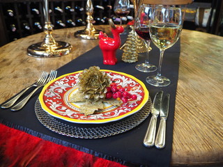 Beautiful Christmas table and ornaments on table