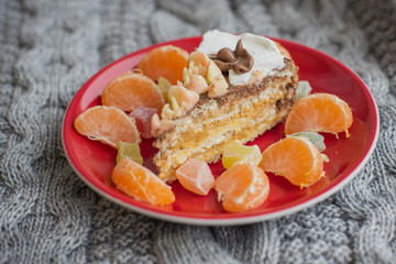 Knitted texture, yummy sweets and coffee Christmas warm composition 