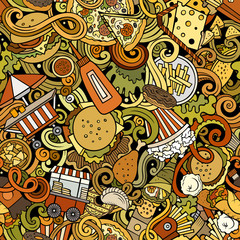 Fototapeta na wymiar Fastfood hand drawn doodles seamless pattern. Fast food background