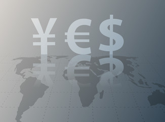 Currency symbols and world map.