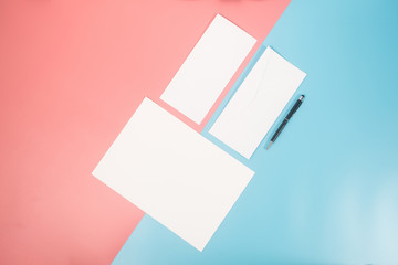 Stationary and Blank A4 paper template on two color paper with blue and pink of background.