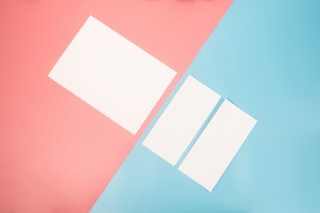 Stationary and Blank A4 paper template on two color paper with blue and pink of background.