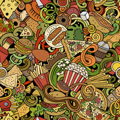 Fastfood hand drawn doodles seamless pattern. Fast food background