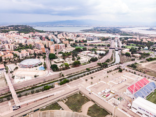 Fototapeta premium A drone view of old stadium and around area in Sardinia 
