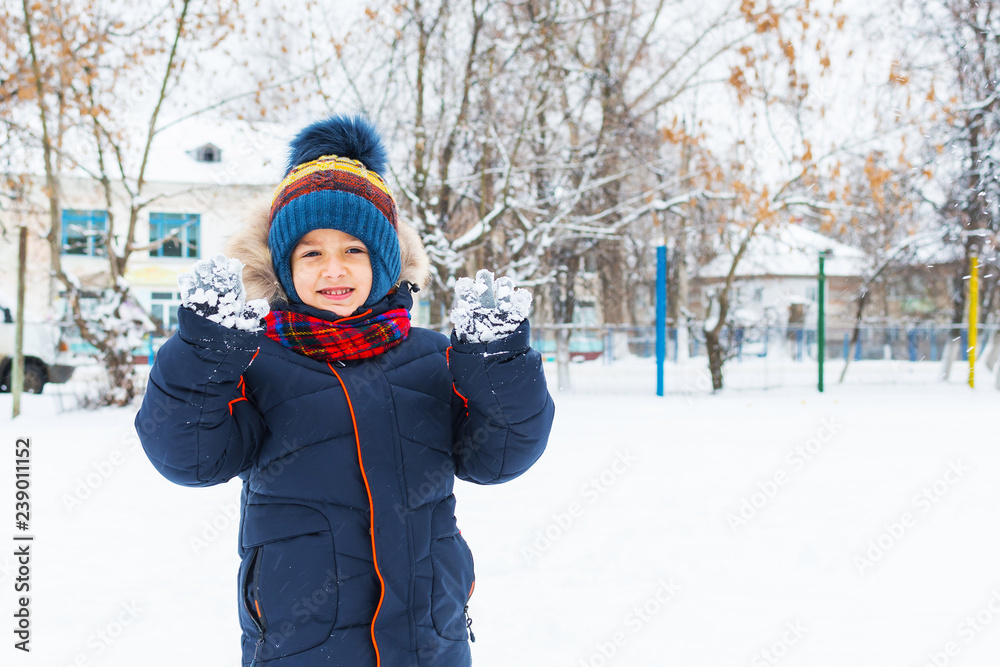 Wall mural cheerful boy walks in the snow in the winter