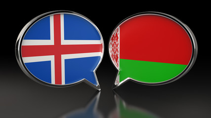 Iceland and Belarus flags with Speech Bubbles. 3D illustration