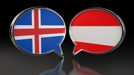 Iceland and Austria flags with Speech Bubbles. 3D illustration