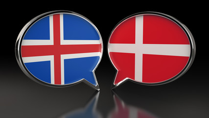 Iceland and Denmark flags with Speech Bubbles. 3D illustration