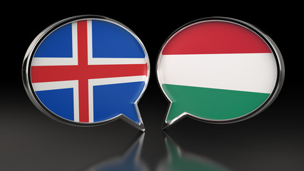 Iceland and Hungary flags with Speech Bubbles. 3D illustration