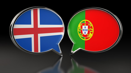 Iceland and Portugal flags with Speech Bubbles. 3D illustration