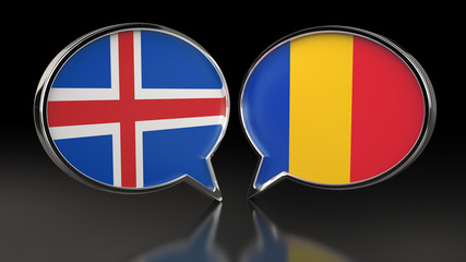 Iceland and Romania flags with Speech Bubbles. 3D illustration