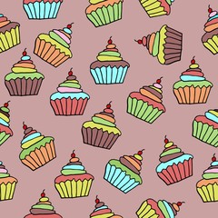 seamless background with cupcakes on white backgroun