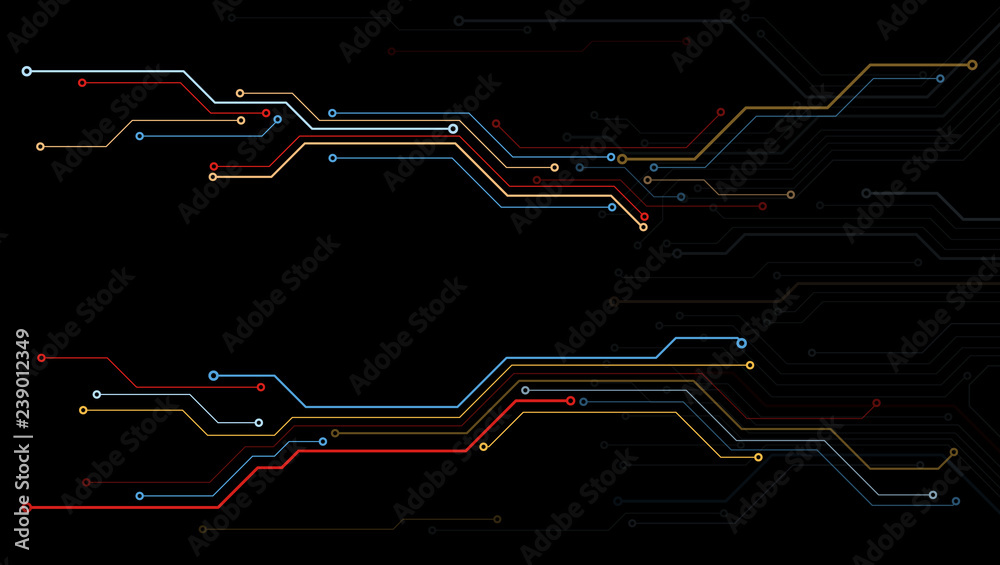 Poster Circuit Board Technology Information Pattern Concept Vector Background. Modern Color Abstract PCB Trace Data Infographic Design Illustration.