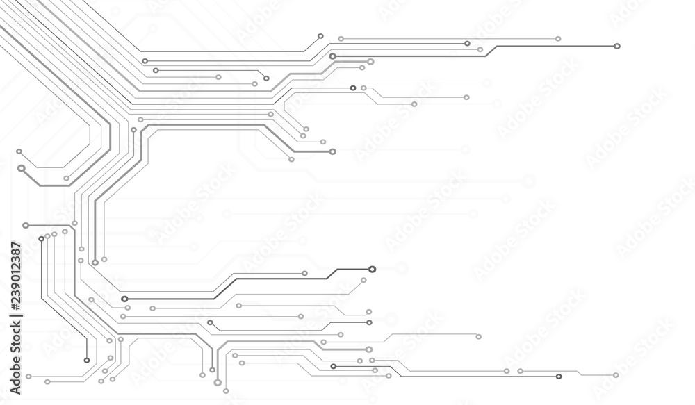 Poster Circuit Board Technology Information Pattern Concept Vector Background. Grayscale Color Abstract PCB Trace Data Infographic Design Illustration.