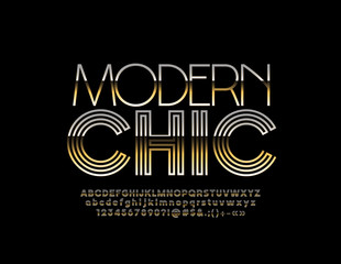 Vector Modern Chic Golden Alphabet Letters, Numbers and Symbols. Geometric stylish Font.