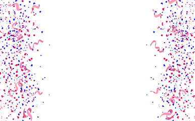 Confetti, ribbons and paper scatter splash falling holiday, celebration, party, festival and sales event on white frame space abstract background vector illustration