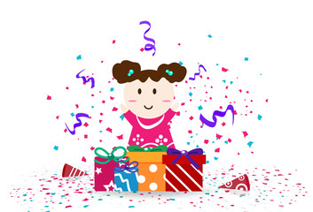 Cute kid with celebration day, confetti festival party abstract background vector illustration