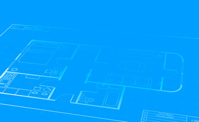 Engineering scroll with detailed white house plan, building blueprint in perspective