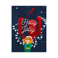 Vector illustration of Christmas and New Year congratulation card or banner with cute elf in green costume holding big wrapped gift box over his head on background of snowflakes and lights.