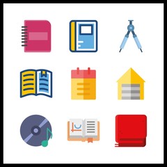 9 cover icon. Vector illustration cover set. notebook and metallic blind icons for cover works