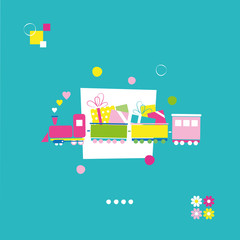 Obraz premium Print Colorful pink, yellow and green train greeting card transporting birthday presents on white and turquoise background