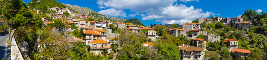 Fototapeta na wymiar Panorama of Stemnitsa village, a popular winter destination in mountainous Arcadia in Peloponnese, Greece