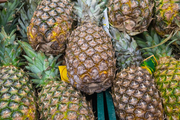 Ripe juicy pineapple background. Pineapple pile on the market