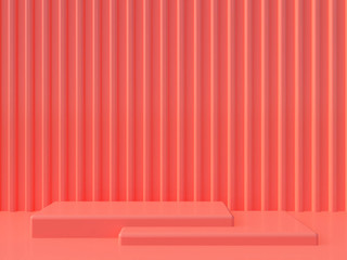 Fototapeta na wymiar Minimal podium background. Geometric shape. Pink coral color scene. Minimal 3d rendering. Scene with geometrical forms and textured background. 3d render. 