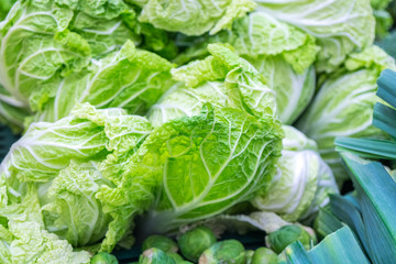 Many fresh Cabbages selling in the market, heatly food