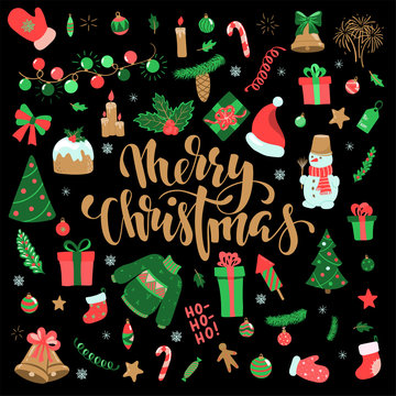 Happy New Year and Merry Christmas doodle set. Collection of xmas elements for design holiday greeting cards and invitations of the Merry Christmas and Happy New Year, seasonal winter holidays