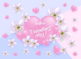 Fototapeta na wymiar Valentine Day romantic congratulation with sign on big pink realistic 3d heart shape surrounded by white flowers and little hearts on pastel background - vector illustration for 14 February.