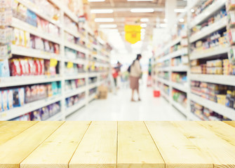 Supermarket or retail store blur background. That is a self-service shop offer grocery and variety of food, beverage and household product on shelf or rack. For shopping background or product display.