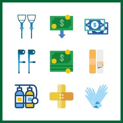 9 aid icon. Vector illustration aid set. oxygen tank and band aid icons for aid works